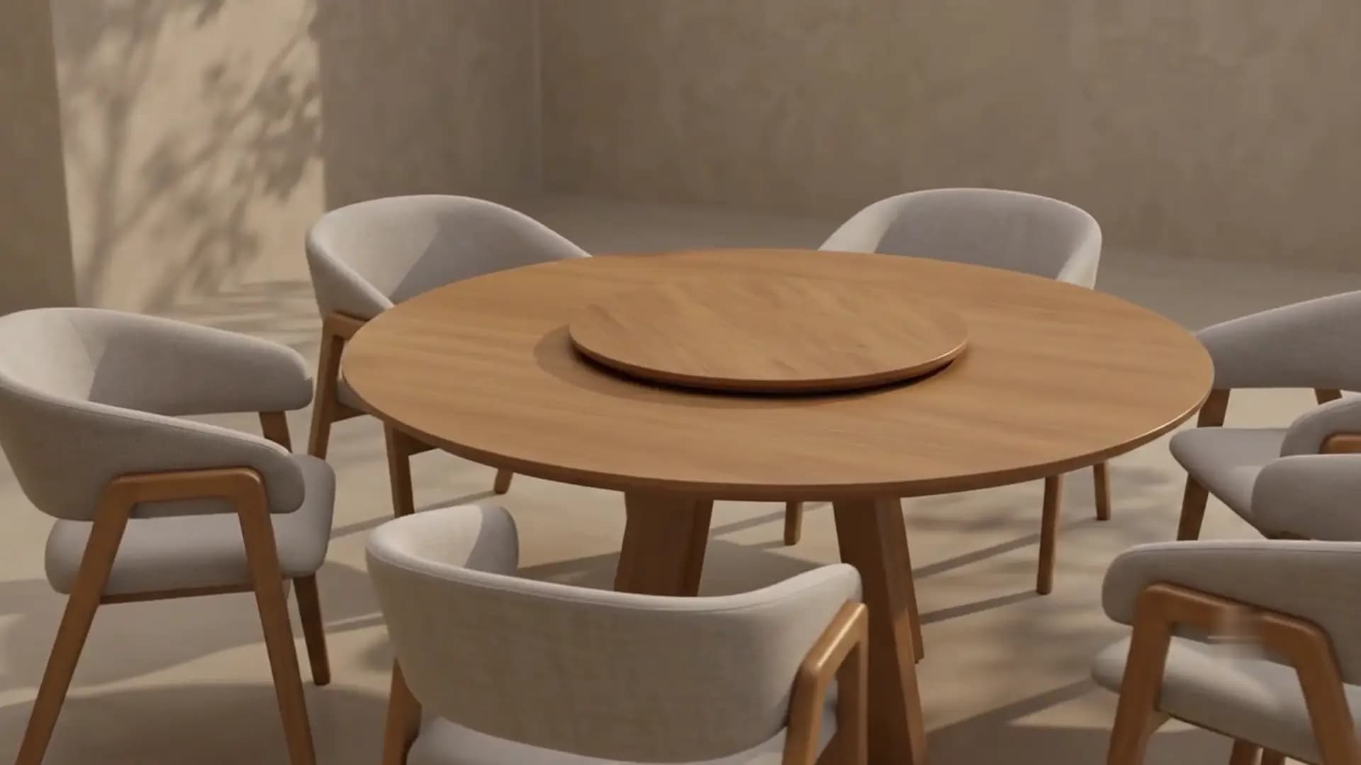 Conjunto de jantar em madeira maciça da Home Nobre — mesa redonda e cadeiras estofadas