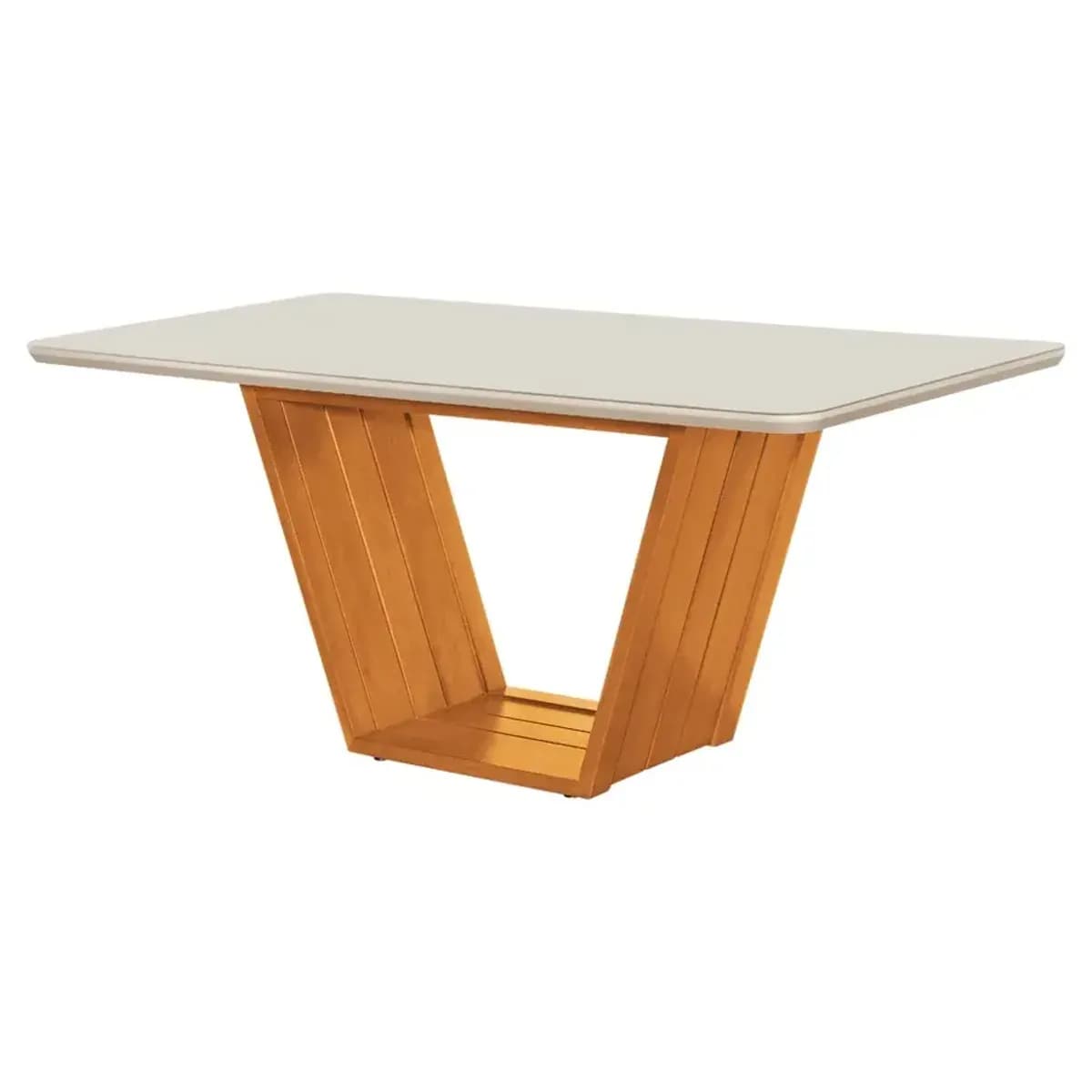 Mesa Safira com tampo claro e base em madeira maciça, em fundo branco