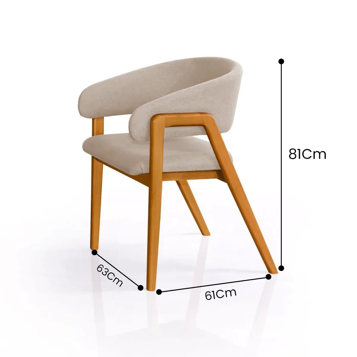 Diagrama de medidas da Cadeira Topázio: 81 cm de altura, 61 cm de largura e 63 cm de profundidade