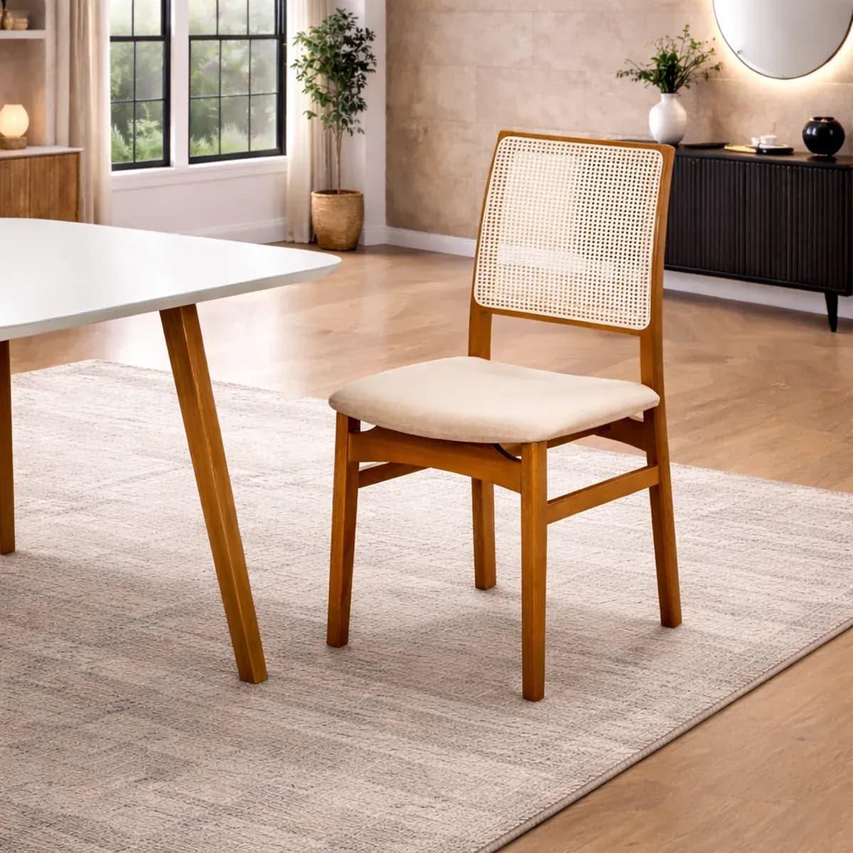 Cadeira Opala em sala de jantar com mesa de tampo claro