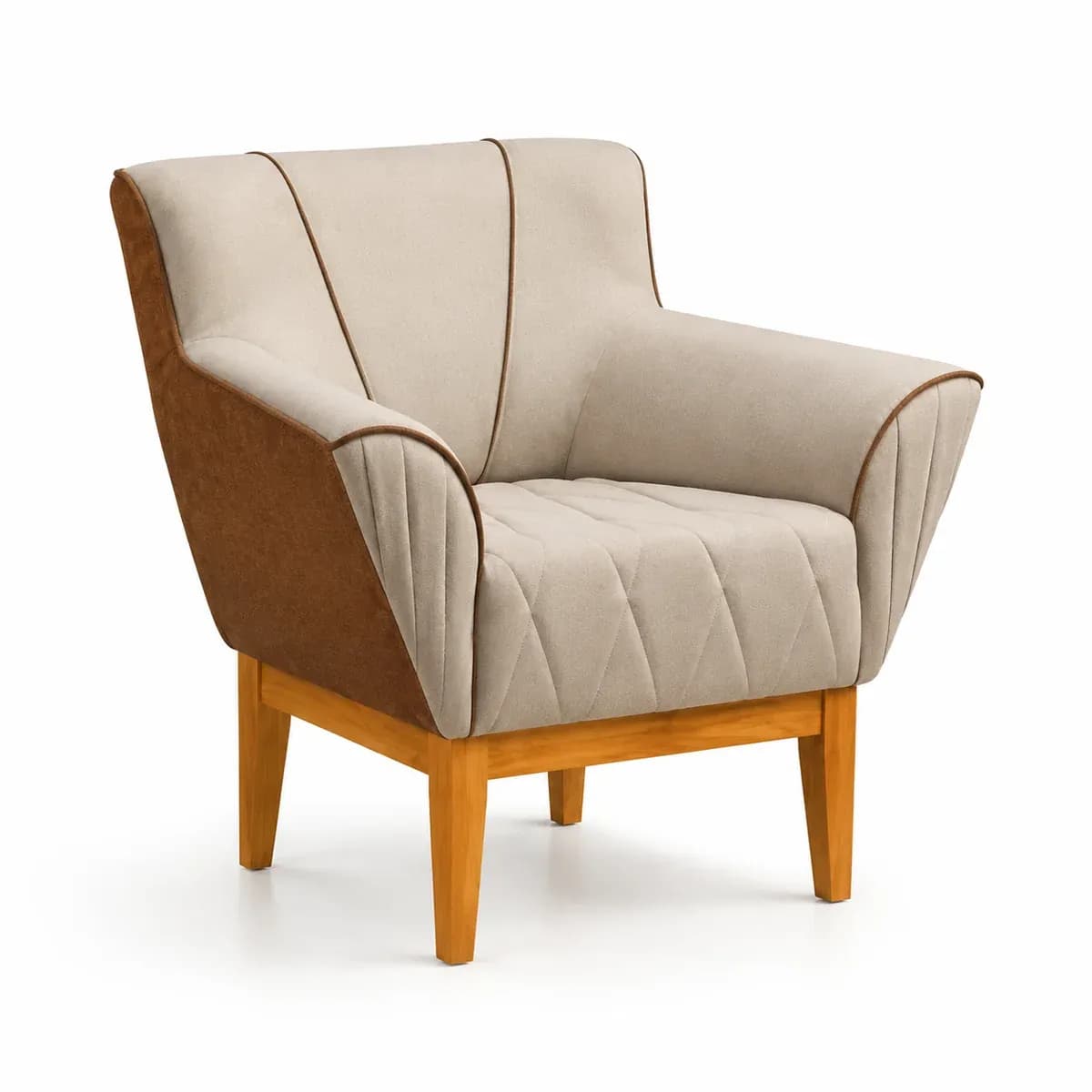 Poltrona Pérola com braços plissados, interior bege e casco externo marrom, em fundo branco