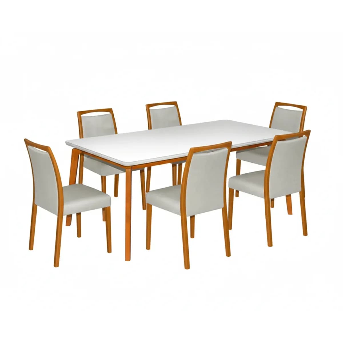 Mesa Jade com tampo Off White e base em madeira maciça, acompanhada de seis cadeiras, em fundo branco