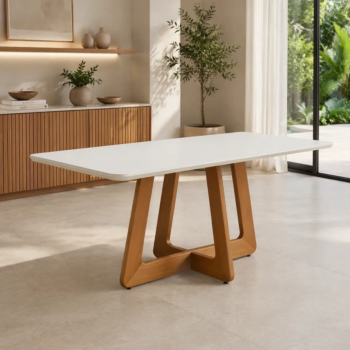 Mesa Topázio montada em sala de jantar de tons claros