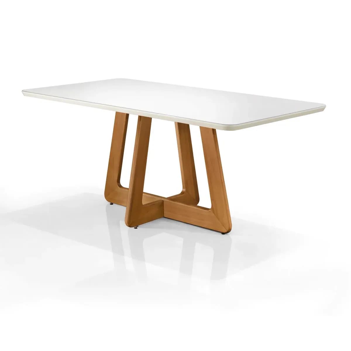 Mesa Topázio com tampo Off White e base escultural em madeira, em fundo branco