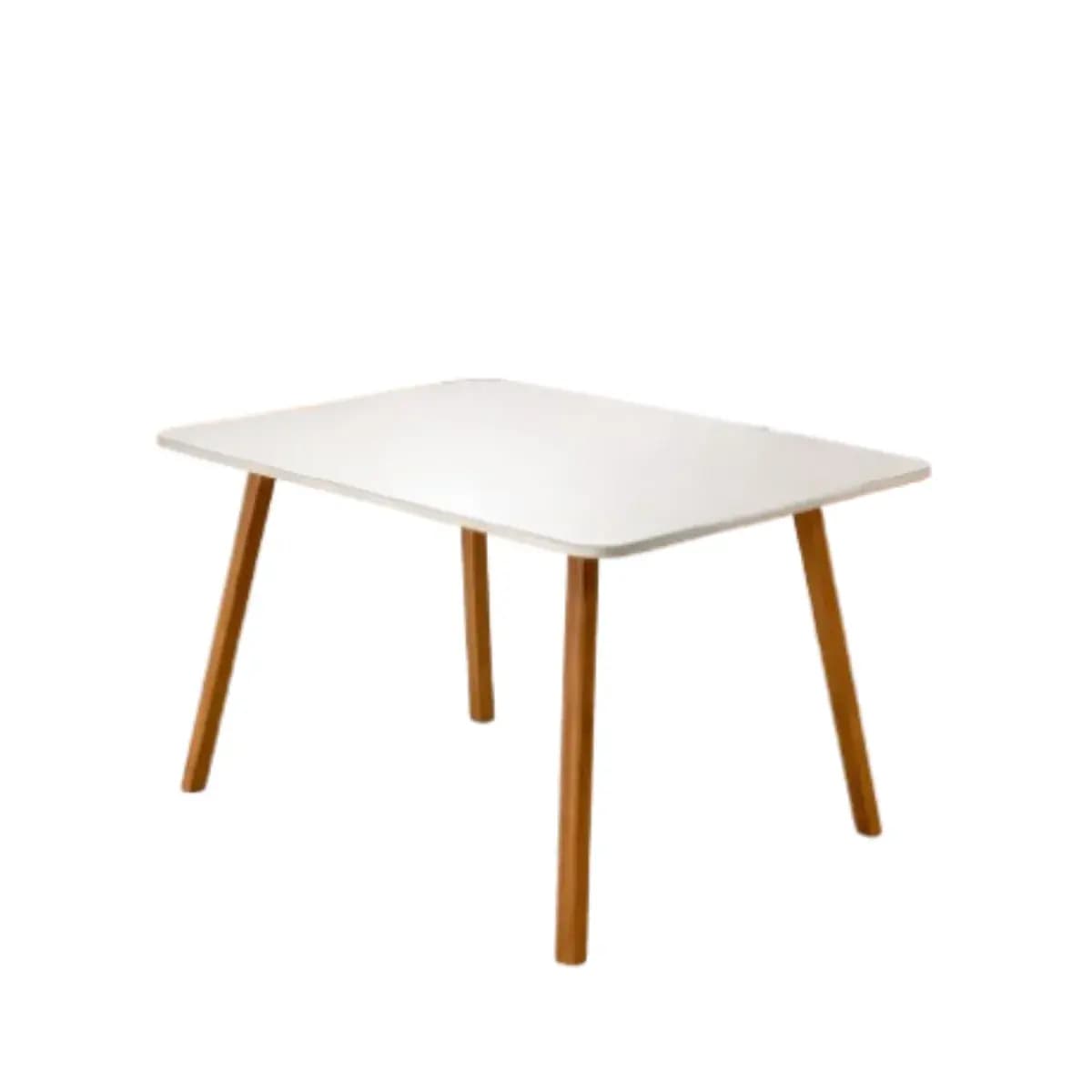 Mesa Rubi com tampo Off White e pés palito em madeira, em fundo branco