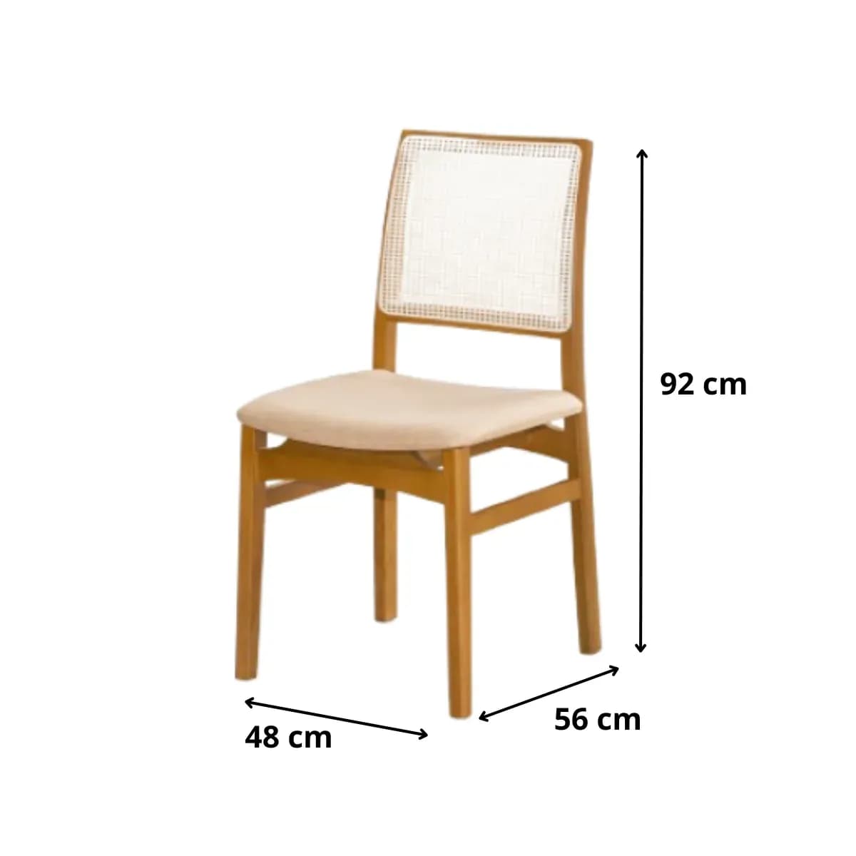 Diagrama de medidas da Cadeira Opala: 92 cm de altura, 48 cm de largura e 56 cm de profundidade