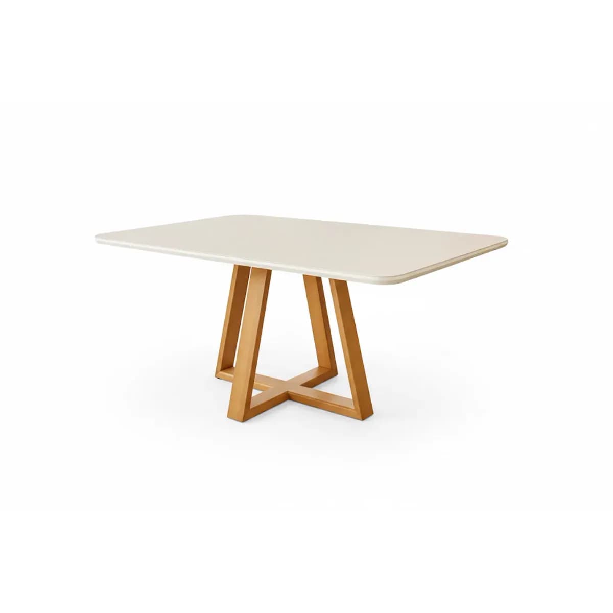 Mesa Pérola com tampo Off White e base em madeira, em fundo branco