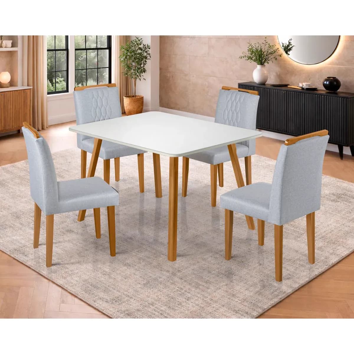 Mesa Rubi com quatro Cadeiras Turquesa em tecido claro