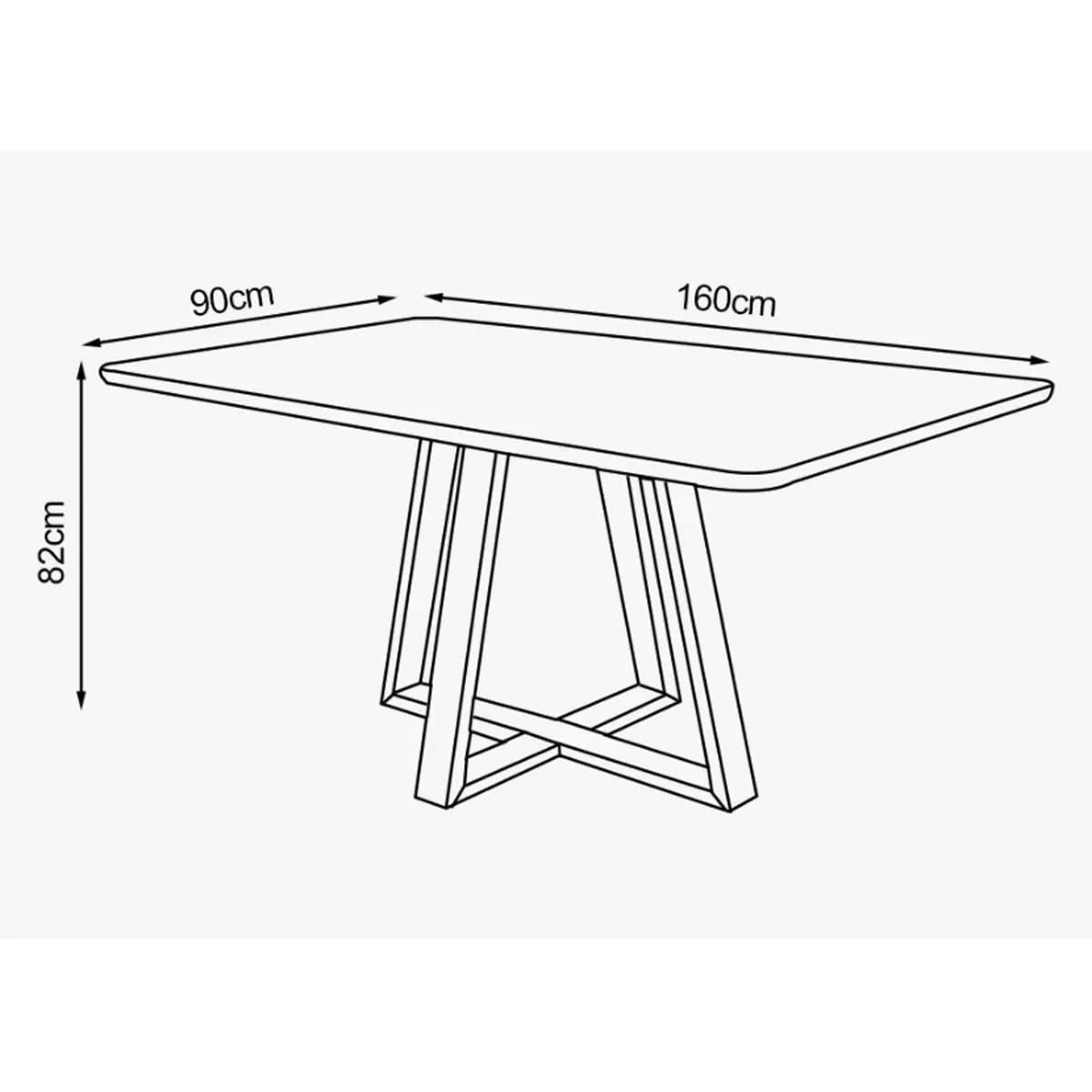 Desenho técnico da Mesa Pérola: tampo de 160 por 90 cm e altura de 82 cm