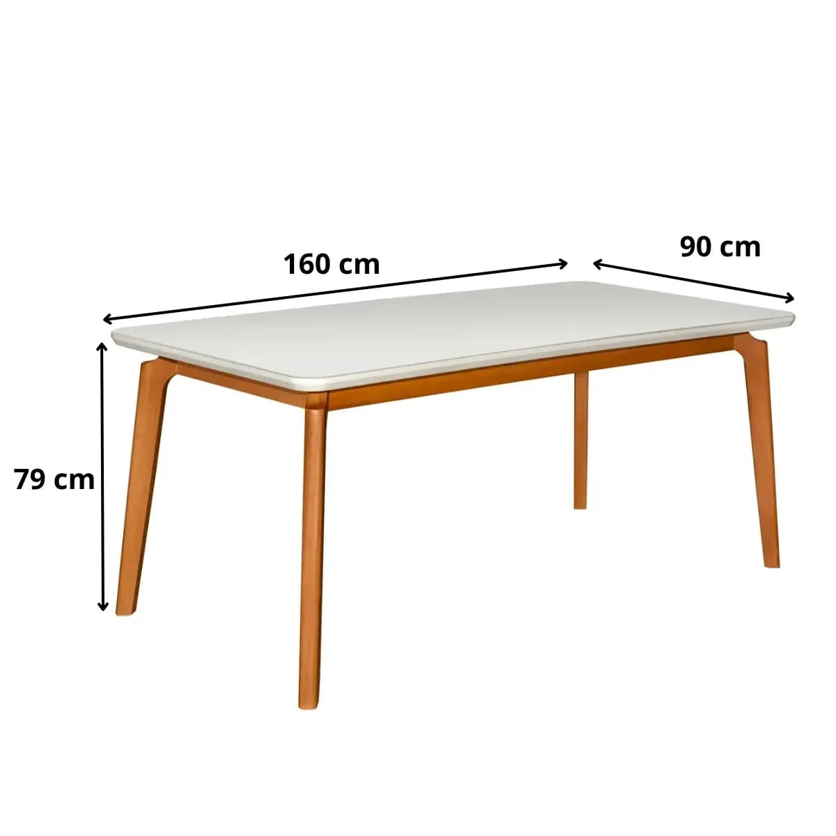 Diagrama de medidas da Mesa Rubi 160: tampo de 160 por 90 cm e altura de 79 cm