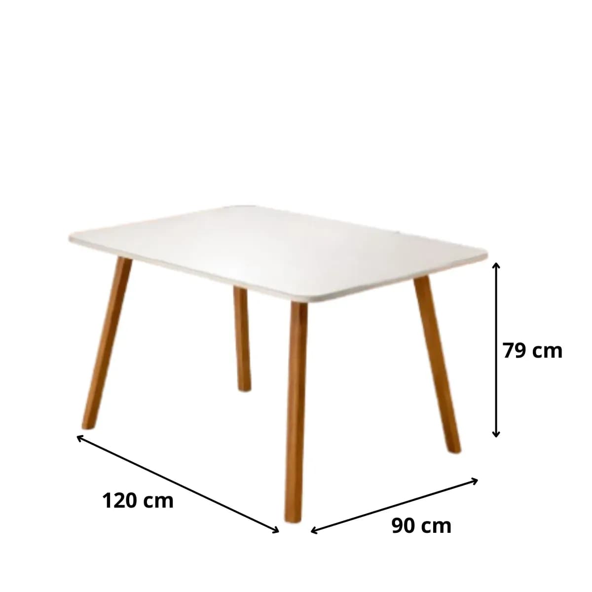 Diagrama de medidas da Mesa Rubi 120: tampo de 120 por 90 cm e altura de 79 cm