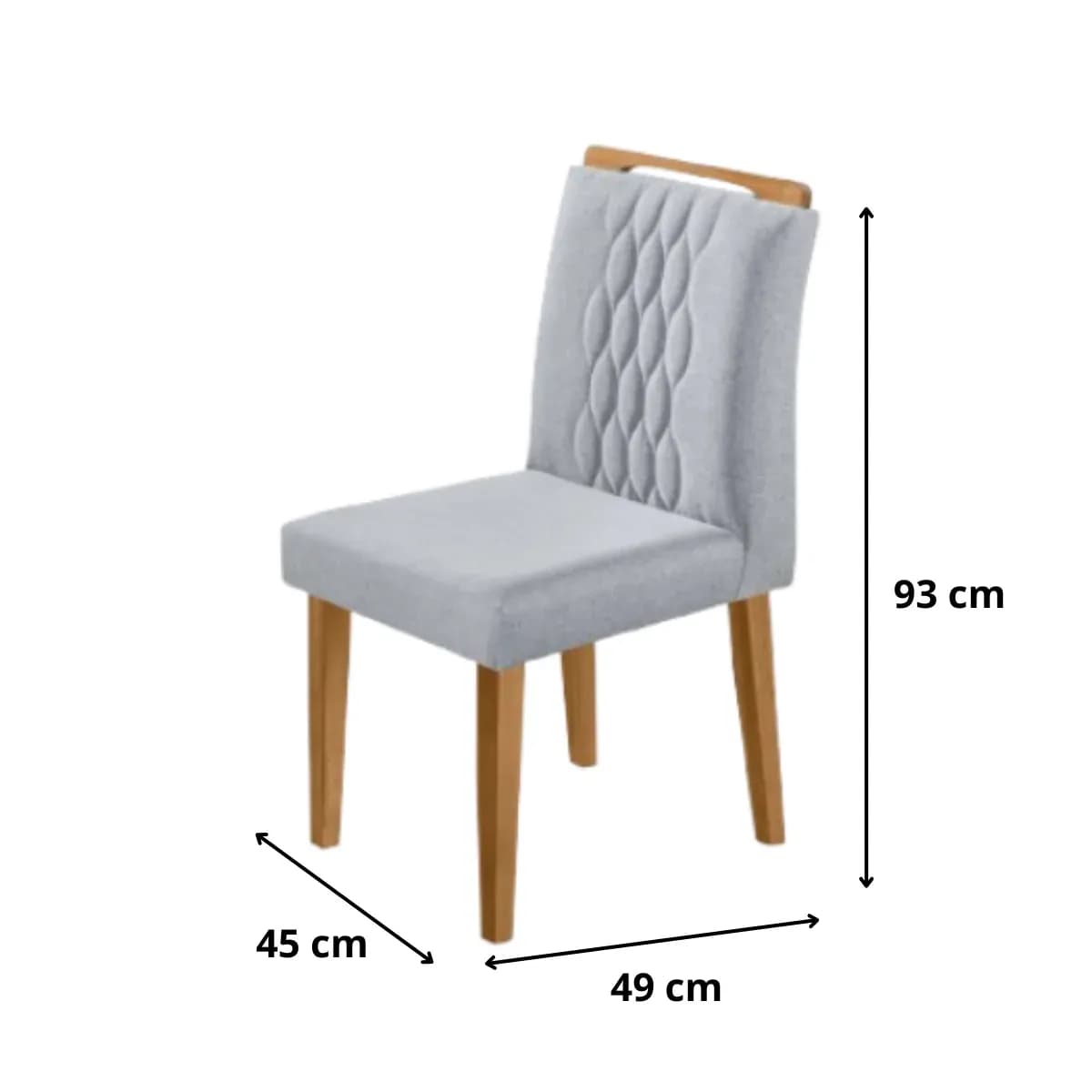Diagrama de medidas da Cadeira Turquesa: 93 cm de altura, 45 cm de largura e 49 cm de profundidade