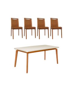 Mesa Jantar Jade 160x90cm Off White com 4 Cadeiras Estofadas em Couro Pu Caramelo Madeira Maciça Mel