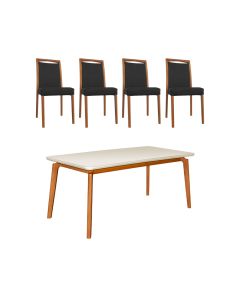 Mesa Jantar Jade 160x90cm Off White com 4 Cadeiras Estofadas Couro Pu Preta Base Madeira Maciça Mel