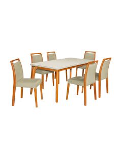 Mesa Jantar Jade 160x90cm Off White com 6 Cadeiras Estofadas Veludo Bege Base Madeira Maciça Mel