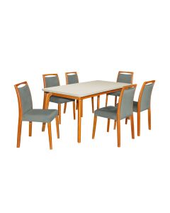 Mesa Jantar Jade 160x90cm Off White com 6 Cadeiras Estofadas Veludo Cinza Base Madeira Maciça Mel