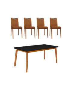 Mesa Jantar Jade 160x90cm Preto com 4 Cadeiras Estofadas Couro Pu Caramelo Base Madeira Maciça Mel