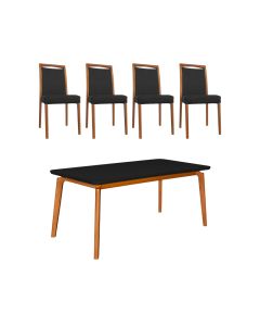 Mesa Jantar Jade 160x90cm Preto com 4 Cadeiras Estofadas em Couro Pu Preta Base Madeira Maciça Mel