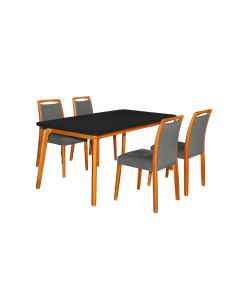 Mesa Jantar Jade 160x90cm Preto com 4 Cadeiras Estofadas Linho Chumbo Base Madeira Maciça Mel