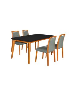 Mesa Jantar Jade 160x90cm Preto com 4 Cadeiras Estofadas Veludo Cinza Base Madeira Maciça Mel