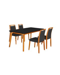 Mesa Jantar Jade 160x90cm Preto com 4 Cadeiras Estofadas Veludo Preto Base Madeira Maciça Mel