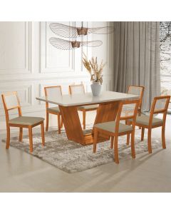 Mesa Jantar Safira 160x90 Off White com 6 Cadeiras Palha em Veludo Bege Telinha Madeira Maciça Mel