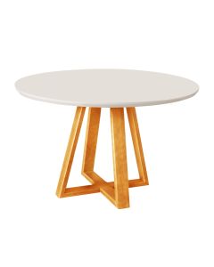 Mesa de Jantar Tampo Mdf/vidro Redonda para 4 Lugares Pés Madeira Maciça Pérola - Mel/off White