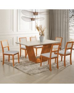 Mesa Jantar Safira 160x90 Off White com 6 Cadeiras Palha em Linho Bege Telinha Madeira Maciça Mel