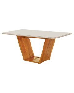 Mesa de Jantar Retangular 160x90 Mdf/vidro para 6 Lugares Pés Madeira Maciça Safira - Mel/off White